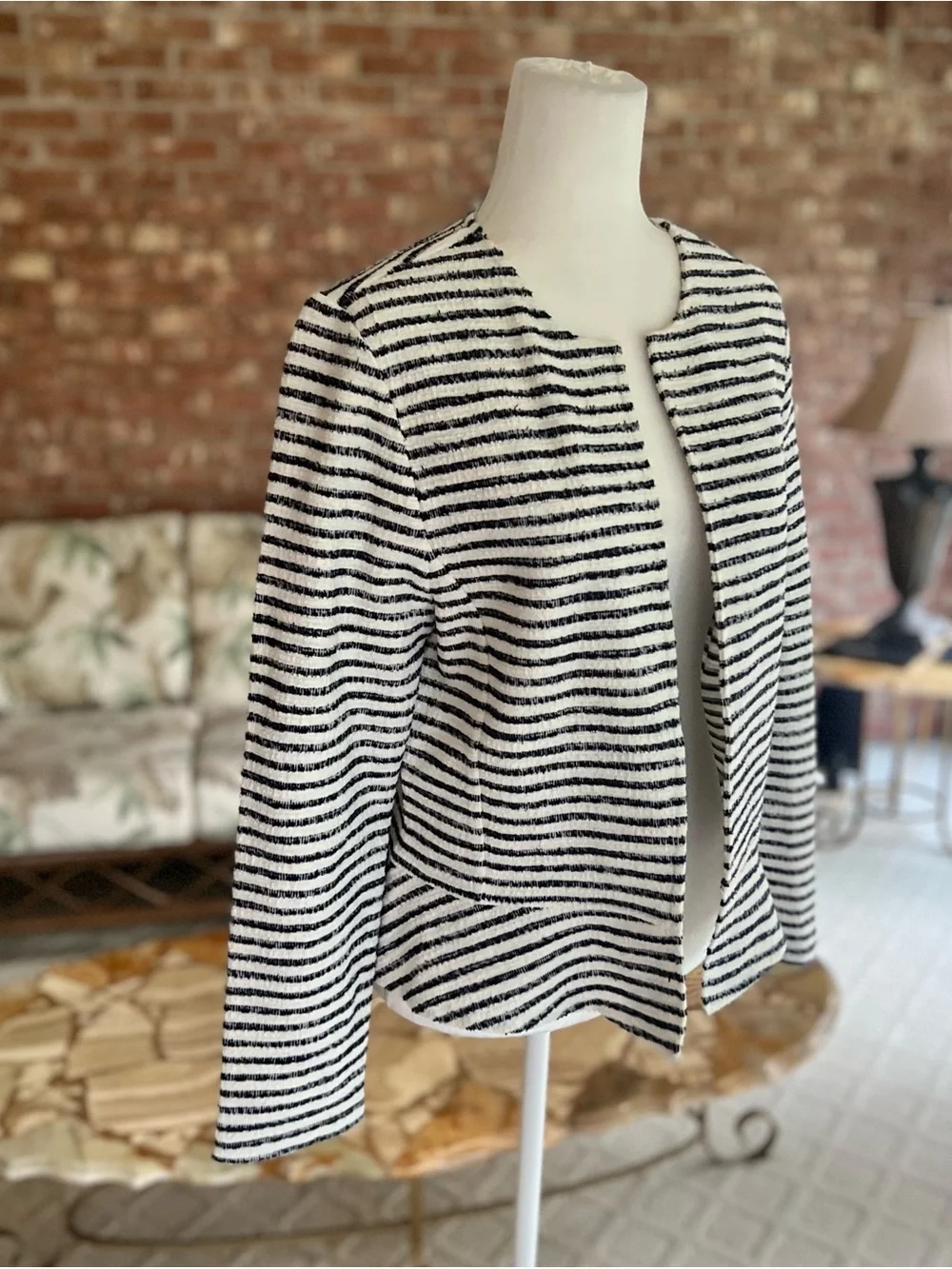 Loft Tweed Open Front Peplum Navy Blue Off White Stripe Blazer M Nautical Preppy